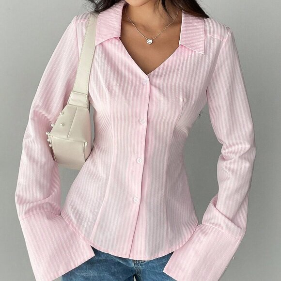Pink Casual Women's Striped Print Front Button Long Sleeve Shirt - Picture 1 of 6